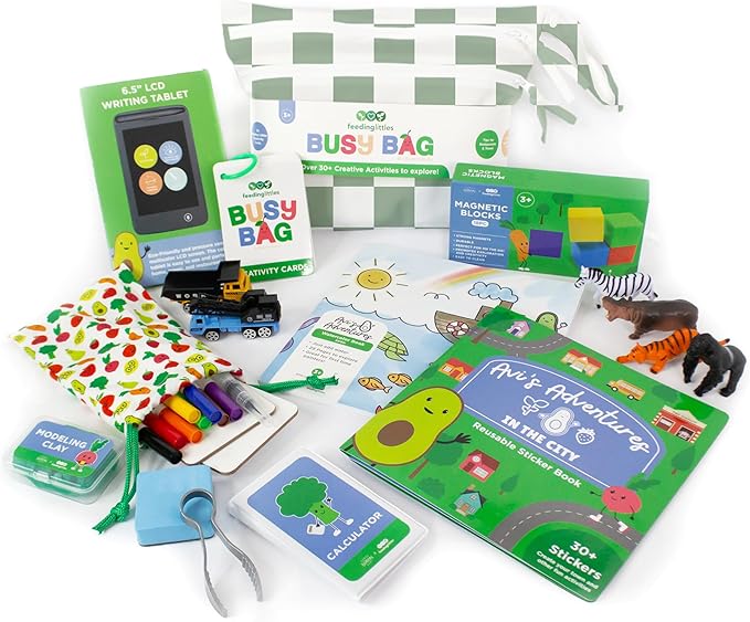 BapronBaby Feeding Littles Busy Bag (Sage Checkerboard) - Toddler Travel Activity Kit, Restaurant Activity Kit for Independent and Family-Wide Play, Age 3+