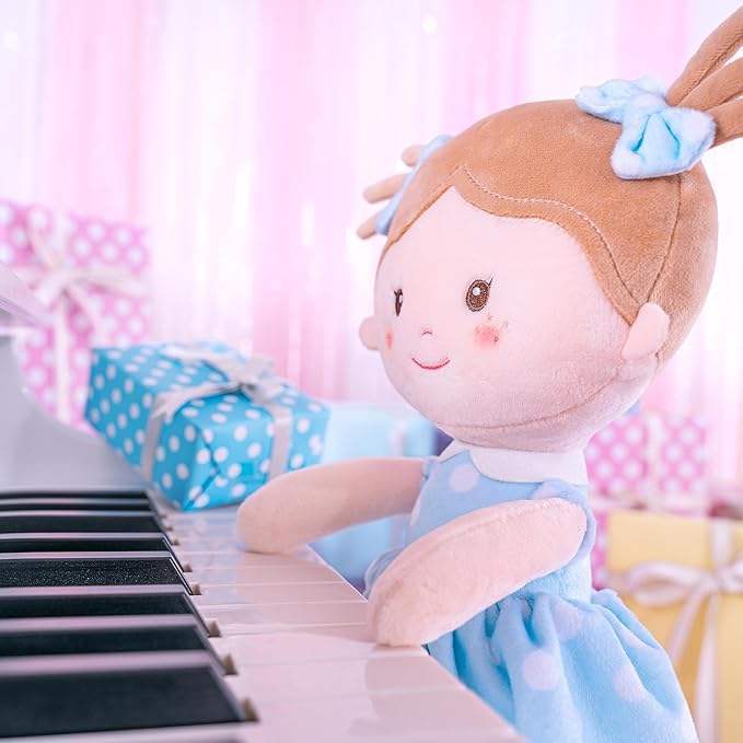 Onetoo Soft Baby Doll First Baby Doll Sleeping Cuddle Buddy Doll Plush Rag Doll Wear Blue Polka Dot Dress14