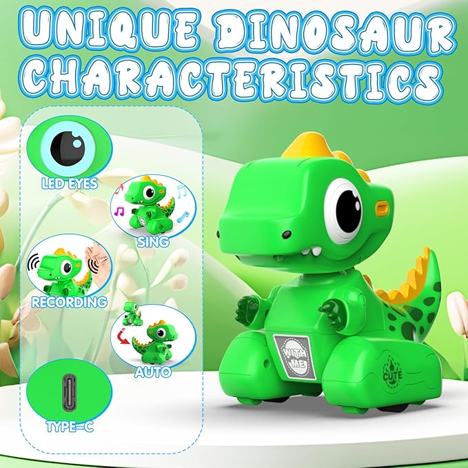 Remote Control Car, 2.4GHZ Remote Control Dinosaur Toys for Kids 3-5, Recording and Repeating LED Lights Eyes Music RC Dinosaur Car Toys for Girls Boys Birthday Gift, Green