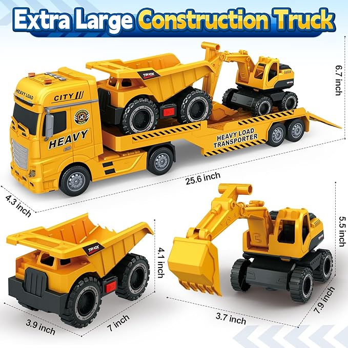 Toddler Boy Toys for 3 4 5 6 7 Years Kids, 25" Semi Construction Carrier Truck Toy with Excavator and Dump Truck, Friction Powered Toys with Lights and Sounds, Birthday for Boy Girls