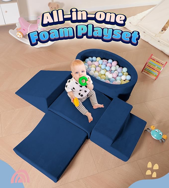 Foam Climbing Blocks with Ball Pit Designed for Toddlers Aged 1-3 -Great for Indoor Crawling, Inside Foam Playground Set for Little Ones to Active Playing -(Balls NOT Included) Navy