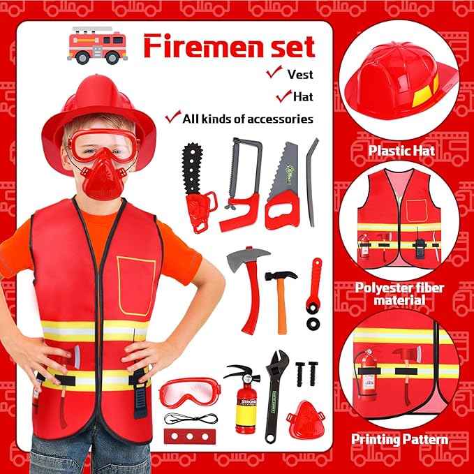 Bonuci 3 Sets Kids Dress up for Play Age 3-7 Years Old,dress up Costumes Vest Set Police,fireman and Worker for Toddler Kids Boys Pretend Role Accessories
