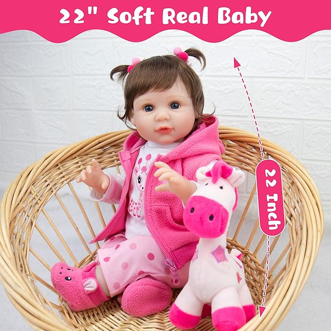 Real Life Baby Dolls, 22-Inch Reborn Baby Doll Soft Cloth Body Lifelike Baby Dolls Complete with Clothes and Toy Accessories Christmas Birthday Gift for Kids Age 3+, Pink Pony