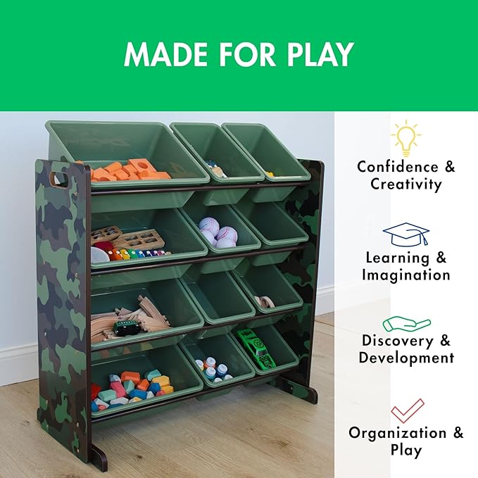 Humble Crew Hunter Toy Storage Organizer with 12 Plastic Storage Bins, Army Green Camo