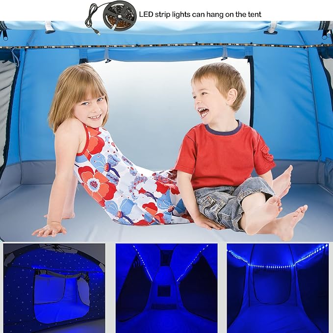 Kids Play Tent-Portable Playhouse Children House -Easy Set up Indoor Outdoor with Carry Bag for Kids-Light Strip Design for Night Use with Starry Fabric - Space for Children and Parents-Birthday