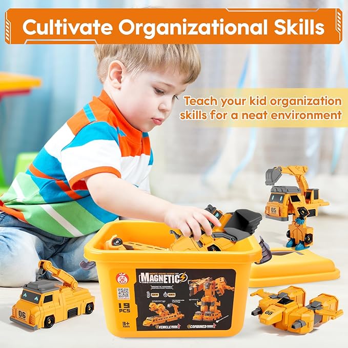 Magnetic Transform Engineering Car for Boys 4-6, Assembled Transforming Robot Toys for Kids 5-7, 10 in 1 Construction Vehicles Toy Sets, Birthday Gifts for Boys Age 3 4 5 6 7 8