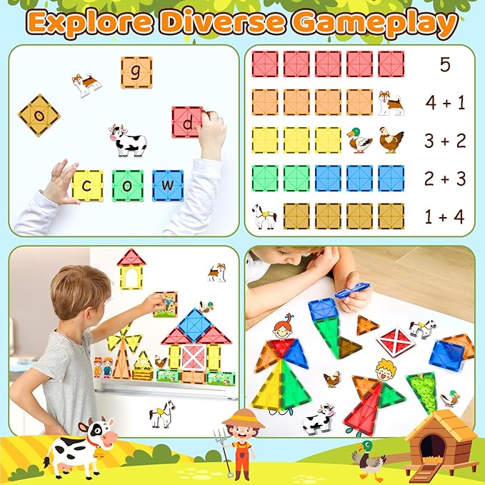 Magnetic Tiles Toys with Farm Animals for 3+ Year Old Toddler, Magnetic Blocks Building Toys for Kids Ages 3-5 5-7 Girls Boys, Classroom Must Haves