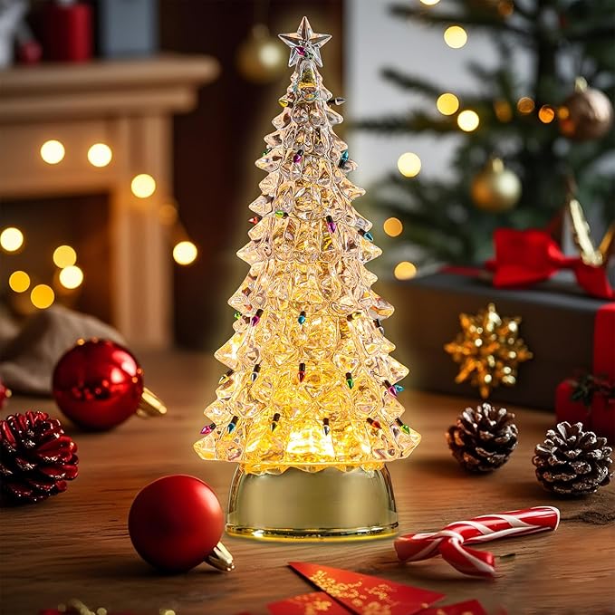 Acrylic Christmas Tree Table Statue - Light up LED Christmas Tree with Colored String Lights, Warm Holiday Tabletop Centerpiece Mantel Home Decor 12“