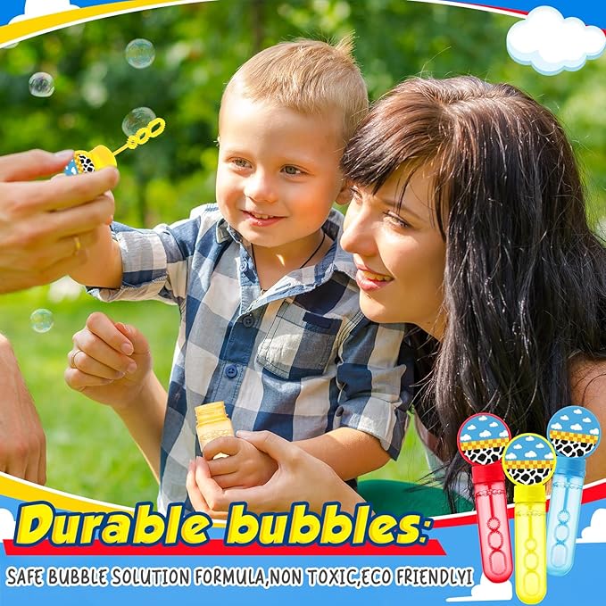 24 Pcs Cartoon Toy Bubble Wands Blue Sky White Clouds and Cow Print Mini Bubble Party Favor for Kids Toddlers Christmas Birthday Goody Bag Stuffer Filler Classroom Reward Gifts(Red, Yellow, Blue)