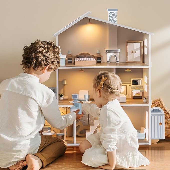 ROBUD Doll House, Wooden Dollhouse with 6 Rooms, 29-pcs Realistic Accessories, Dollhouse Playset for 4-6 Inch Dolls, Gifts for Kids & Toddlers, Nordic Style, Ages 3+