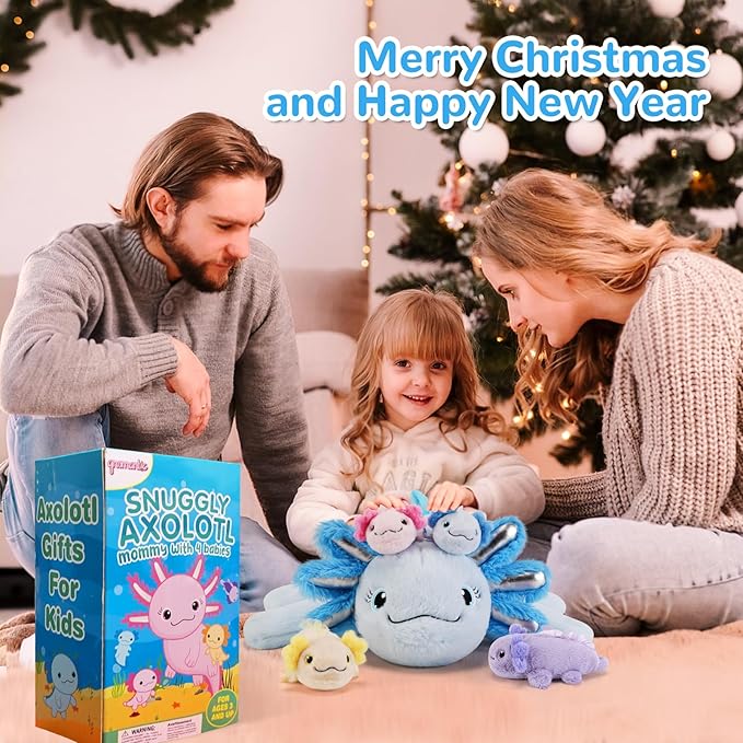5 Pieces Axolotl Stuffed Animals with Babies Inside Belly - 1 Mommy Stuffed Axolotl with 4 Babies - Blue Axolotls Plush Toy for Kid Age 3-8, Gift Ideal for Christmas, Valentine's, Birthday