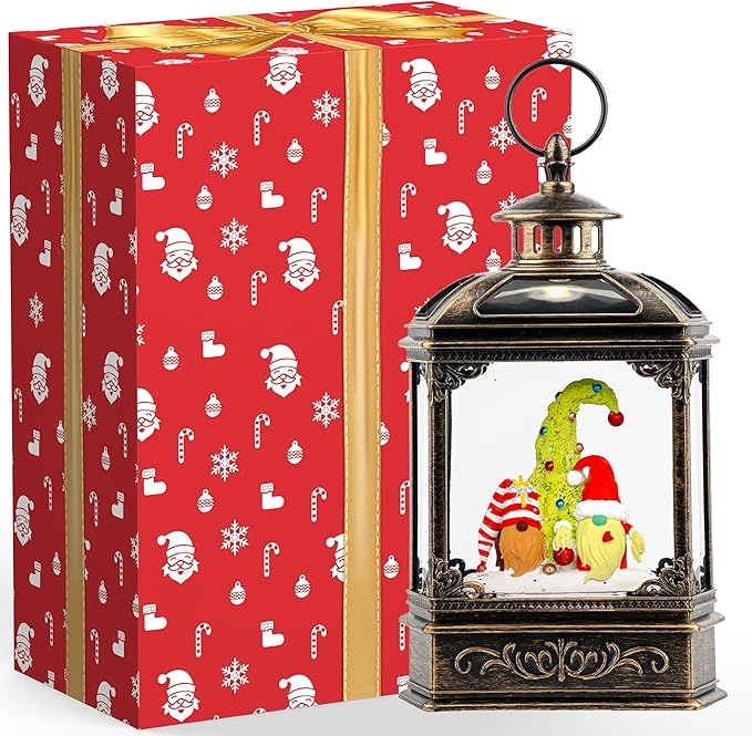 Musical Snow Globe Lantern Lighted Whimsical Christmas Tree & Gnomes Santa Elf Snow Water Lantern with Swirling Glittering Home Decoration and Gift, Battery Operated or USB Powered