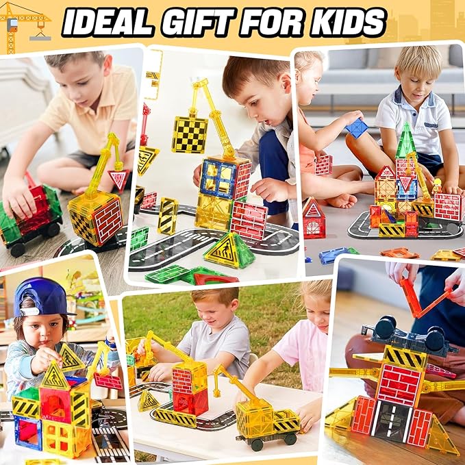Magnetic Tiles Road Building Blocks - Magnet Crane Car Set for Kids Ages 3-5 4-8 5-7 Preschool City Construction Kids Games Dinosaur Toddler Toys for 3+ Year Old Boys Girls Christmas Birthday Gifts