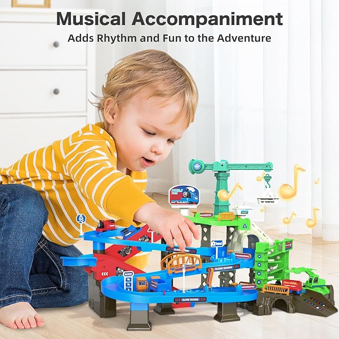 64PCS Train Engineering Adventure Track Toy for Kids 3+,Electric Climbing Ladder, Rotating Crane, Multi-Level Obstacles, Realistic Mining World with Parking&Gas Station,Ideal Gift