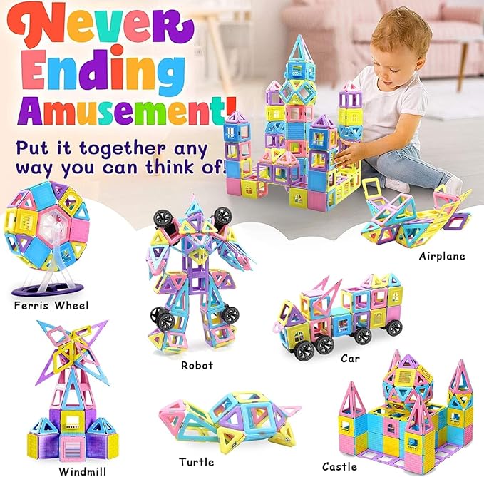 Magnetic Tiles Magnet Blocks for 3 4 5 6 7+ Year Old Boys Girls Macaron Castle Magnetic Building Blocks for Toddlers 3-5, 4-8, Building Blocks for Kids Ages 3+ Birthday Gifts 124pcs