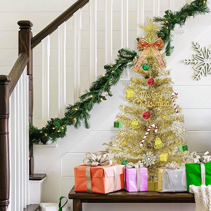 3Ft Small Christmas Tree with Timer Remote, 8 Modes 50 Warm White&Colorful Change Lights, 3D Star&44 Ornaments, Battery Operated, Mini Christmas Tree Table Indoor Holiday Party Decor