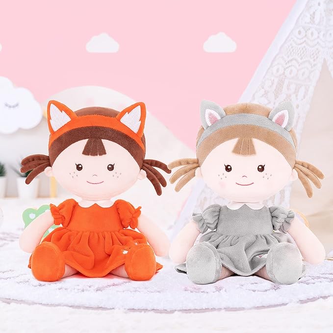 Onetoo First Baby Doll Plush Rag Dolls Sleeping Cuddle Buddy Dolls Soft Baby Doll for Girls Wear Fox Costume Reddish Brown Dress14(Milly Series)