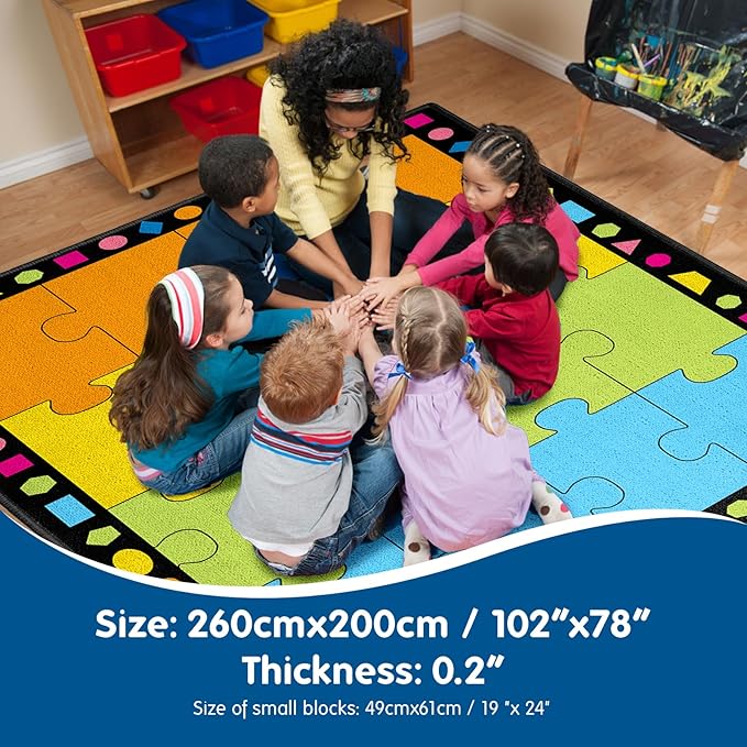 Booooom Jackson Elementary Classroom Rug - 16 Seats Carpet 6'5"x8'5" (260x200cm) - Colorful Puzzle Seating With Non-Slip Backing for Preschool and School Kids