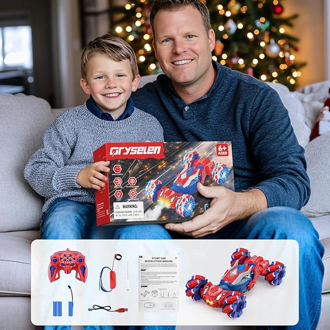Remote Control Car Boys Toys: RC Cars 360°Flip 2.4Ghz Double Sided 4WD Transform Off Road for Rotating Hand & Remote Control Drift Stunt Cars Toy 6 7 8 9 10 11 12 Year Old Kids Girls (Red)