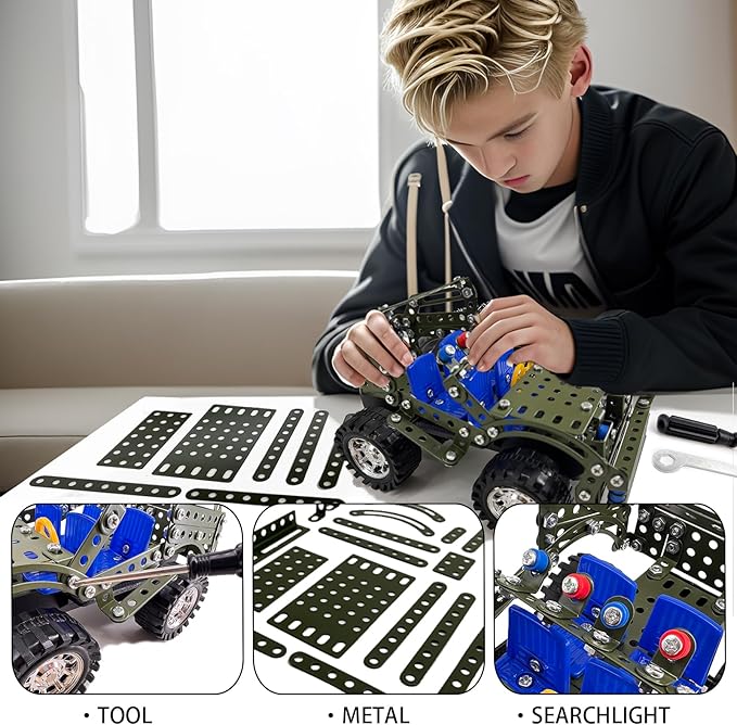 Metal Model Car Kits - 283 Pcs Erector Sets for Boys Age 8-12, Building Toys, STEM Kits for Kids Age 8-10, Assembly Jeep Project Army Toys for Ages 14 and Up, Gifts for 15 16 Year Old Boys and Adults