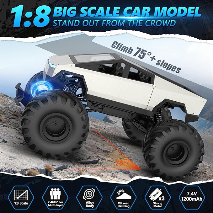 INGQU® 1:8 Big Monster Truck Toys, XXX-Large Alloy 4WD Off Road Remote Control Truck with 3 Powerful Motors LED Headlight, 2.4GHz All Terrain Rock Crawler RC Truck for Boys Kids Age 6 7 8 9 10-12+