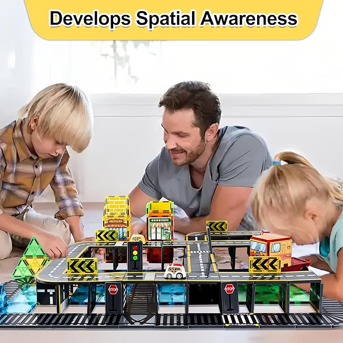 Upgraded Magnetic Tiles Road & Train Dual-Sided Expansion Pack, Magnetic Building Blocks Construction Toys for 3+Year Old Boys & Girls, Montessori Toys for Toddler, STEM Learning Gifts