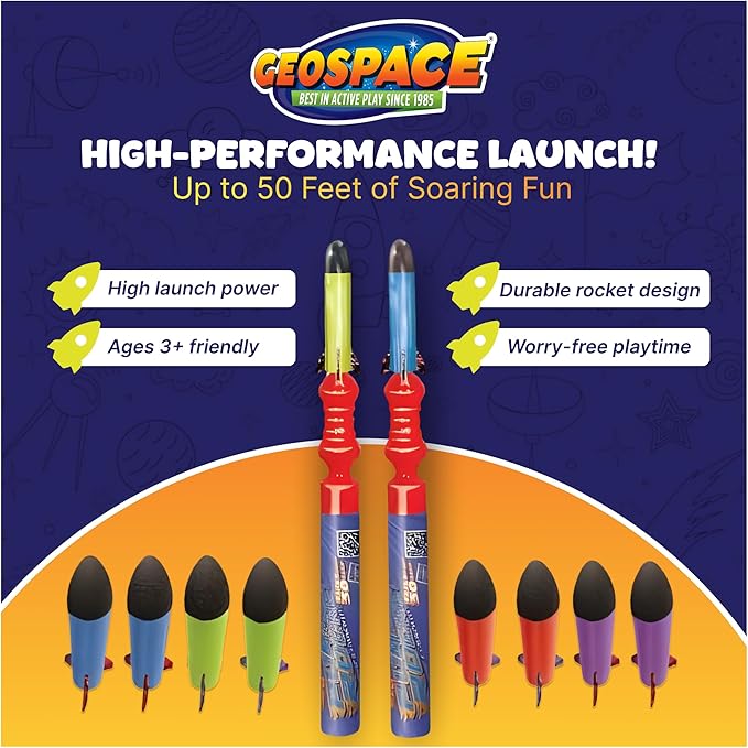 Geospace Hand Held Pump Rocket Combo Battle Pack – Flying Foam Rockets Outdoor Toys for Kids, Boys & Girls – 19" Set with 2 Launchers & 10 Rockets Set – Hand Stomper Rocket Toy - Cool Toys for Fun