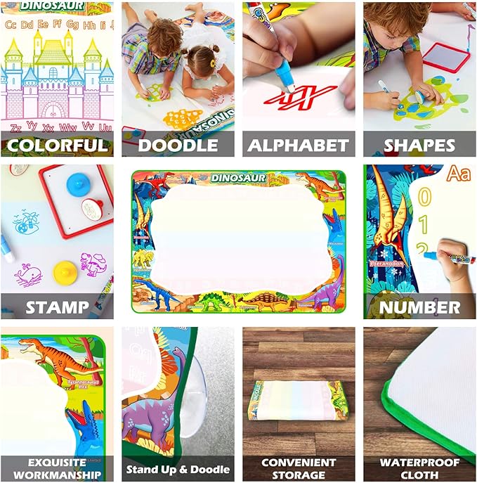 Jasonwell Aqua Water Doodle Mat 60x40 Inches Large Magic Drawing Doodling Mat Coloring Mat Educational Toys Christmas Birthday Gifts for Kids Toddler Boys Girls Age 2 3 4 5 6 7 8 Year Old (Dinosaur)