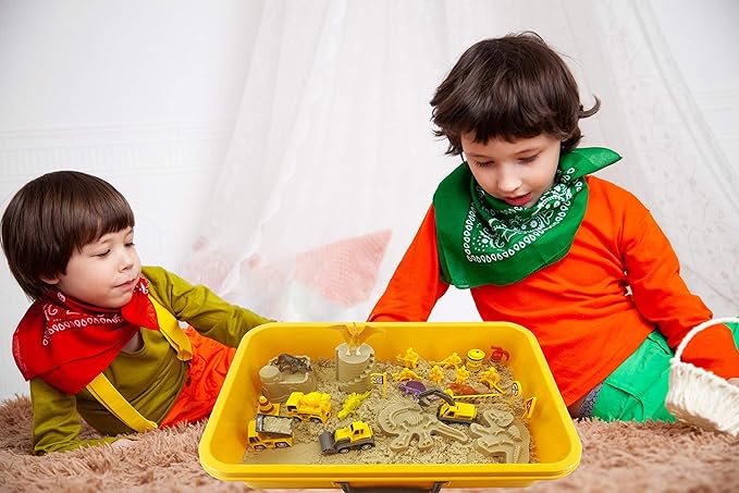 INvench Construction Dinosaur Play Sand Set - 38 Pieces Sensory Bin Sand Kit Include 2 lbs Magic Sand, Construction Vehicle, Dinsoaur Figures, Dinosaur & Castle Molds for 3 4 5 Year Old Toddlers Kids