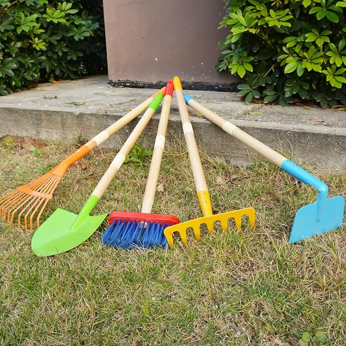 Kids Garden Tools, Outdoor Toys, Shovel for Digging Sand, Kid-Sized Rake, 5PCS 27.6 Inch Long Gardening Tools for Boys Girls Age 3 and up Gifts