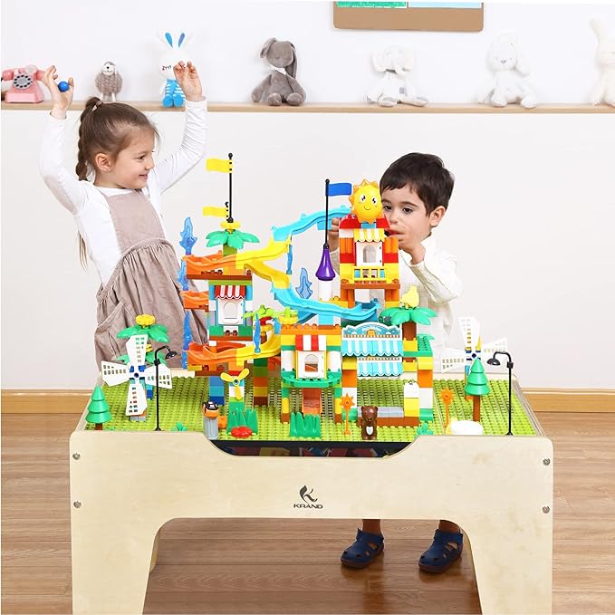 Kid's Multi-Purpose Activity Play Table with 60 Big Building Bricks and 30-Piece Wooden Train Set for Toddlers(Big-peg Baseplate Version)