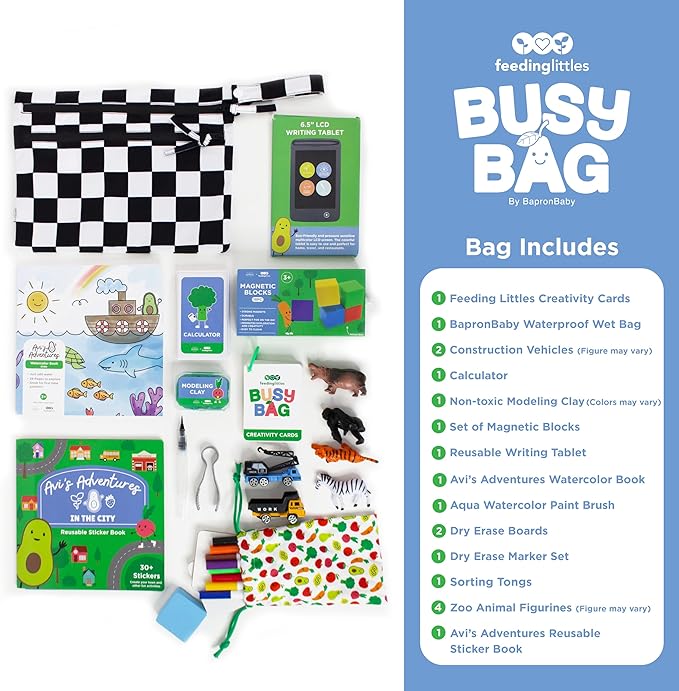 BapronBaby Feeding Littles Busy Bag (Black Checkerboard) - Toddler Travel Activity Kit, Restaurant Activity Kit for Independent and Family-Wide Play, Age 3+