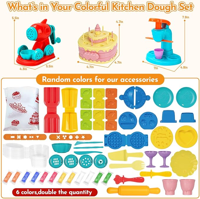 61 PCS 3 in 1 Dough Sets for Kids Ages 3-4-8, Art Crafts Dough Tools Kit, Ice Cream Playset Noodle Cake Maker Machine, Kitchen Creations Food Play Toys Toddlers Boys Girls