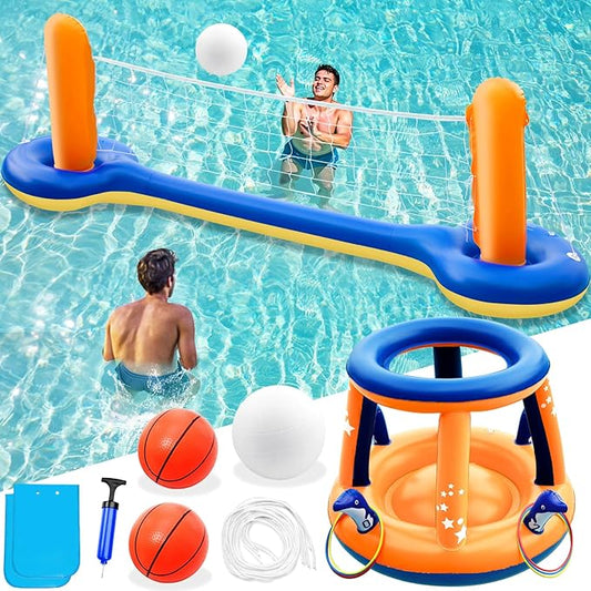 Jasonwell Pool Toys Games Set - 3 in 1 Pool Volleyball Net Basketball Hoop Ring Toss Game Inflatable Floats Water Floating Volleyball Swimming Pools Party Game Accessories Toy Gift Kids Teens Adults