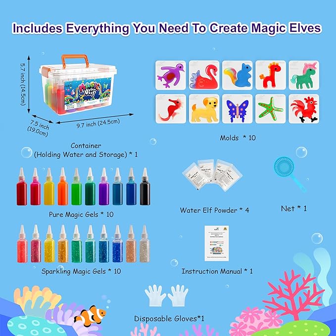 Kiditos Magic Water Elf Toy Kit, Aqua Fairy Water Gel Kit-20 Magic Gel&10 Animal Molds–Make Your Own Water Pets & Squishy Toys–Fun Summer DIY Craft Kit, Birthday Gifts & Party Favors for Kids Ages 3+