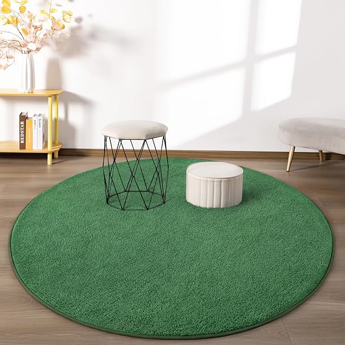 FlyDOIT Round Area Rugs for Bedroom Living Room, 4x4 Green Super Soft Comfy Thickened Memory-Foam Indoor Circle Carpets, Modern Aesthetic Minimalist Carpet for Boys Girls Adults Nursery Home Décor