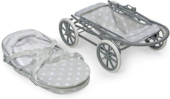 Badger Basket Just Like Mommy 3-in-1 Convertible Doll Pram, Carrier & Stroller - Gray/Polka Dots - Fits Dolls 18 to 22 Inches