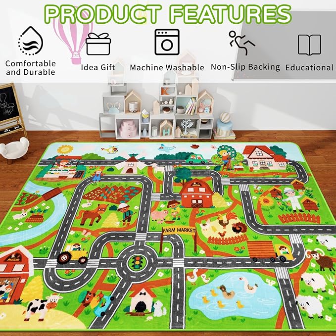 Kids Rug Play Mat for Toy Cars, 59"×78.7" Farm Life Road Traffic for Playroom Kids Car Road Rugs Village Map Play Mat Non-Slip Washable Play Rug for Toddler Room Family Tummy Time Playtime