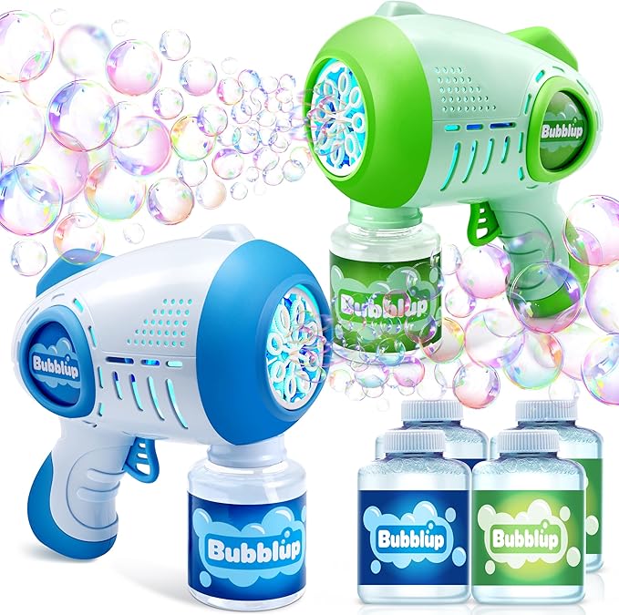 JOYIN 2 Packs Bubble Guns with 4 Bottles Solution, 8 Holes Light Up Automatic Bubble Machine Gun for Kids, Adults, Summer Toys, Easter Basket Stuffers, Birthday Gift, Party Favors