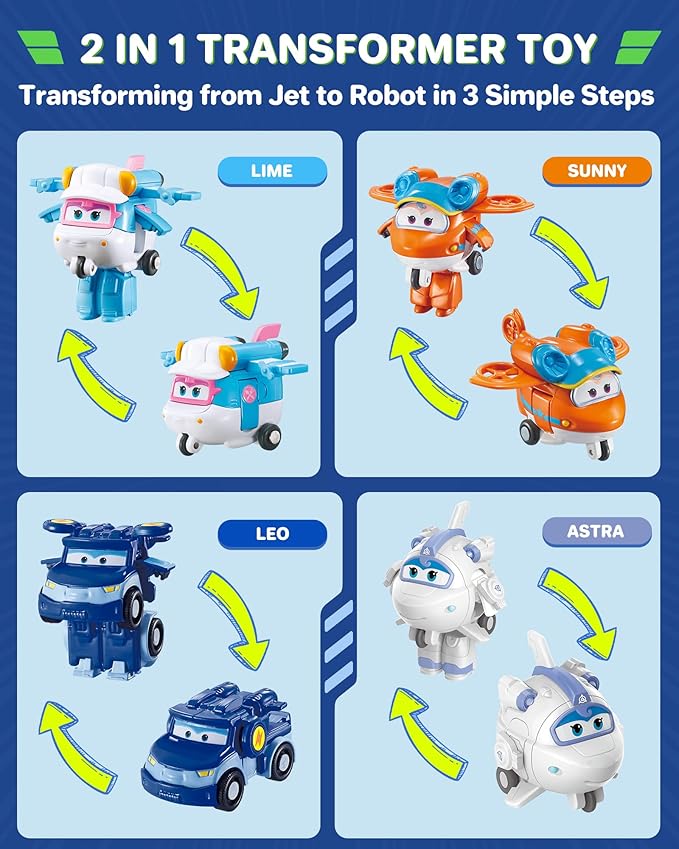 Super Wings 15-Pack Transforming Toys 2 inch Airplane Robot Mini Action Figures with Real Mobile Wheels for Kids 3 4 5 6 7 8+ Birthday Party Supplies for Preschool Boys and Girls