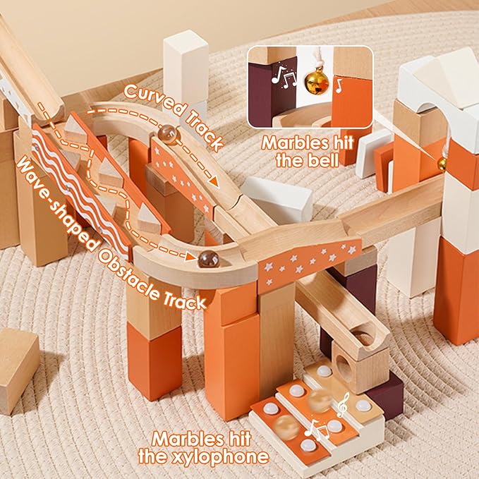 Wooden Marble Runway Blocks for Ages 3+, 60 Wooden Blocks Toys and Construction Playset, Natural Marble Track Maze Game STEM Learning Toys Boys Girls Gift (Set of 60)