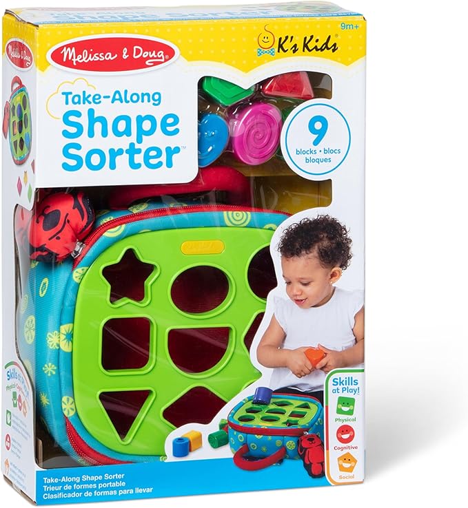 Melissa & Doug K's Kids Take-Along Shape Sorter Baby Toy with 2-Sided Activity Bag and 9 Textured Shape Blocks