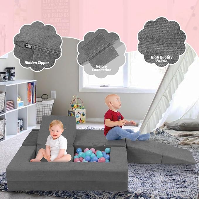 Kids Play Couch Foam Climbing Blocks for Toddlers Sofa Convertible Climbing Toy for Creative Child Girls and Boys Climber Playroom Furniture (Dark Grey)