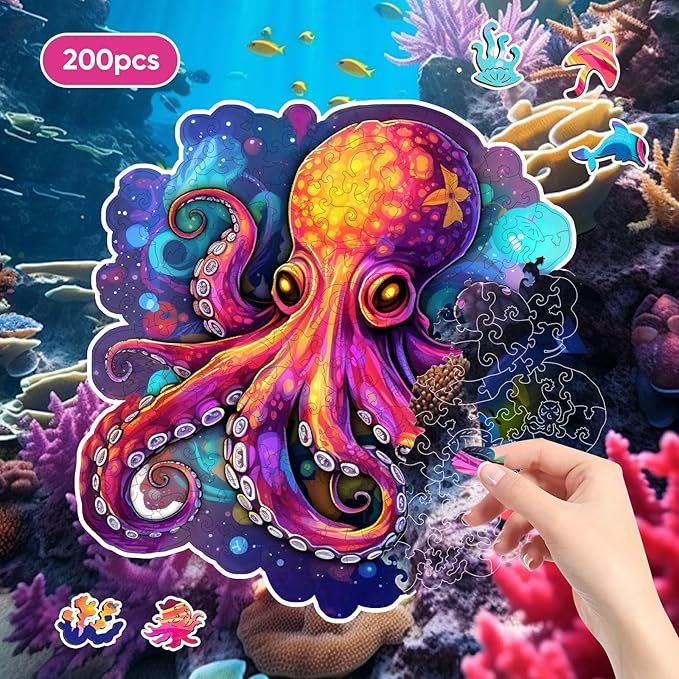 Wooden Puzzles for Adults, Octopus Jigsaw Puzzles 200 Piece, Unique Animal Shape Wood Puzzles for Adults and Kids, Fun Challenging Puzzles Family Game, 11 x 10.6 Inches, Medium Size