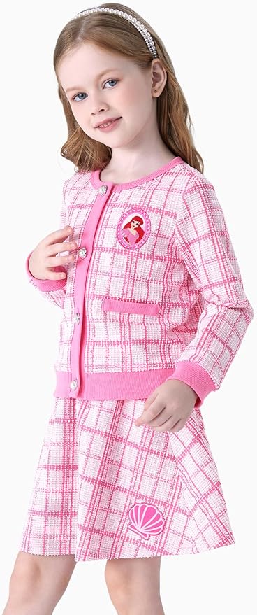 Disney Frozen Elsa Stitch Princess Moana Minnie Toddler Girl 2 Piece Outfit Kid Pearl Button Knit Top & Tweed Skirt Set 2-13Y