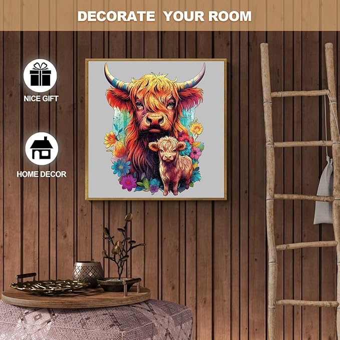 WOODBESTS Wooden Puzzle for Adults, Highland Cattle Family Puzzle (M, 170pcs, 9.2"x11.4") Beautiful Wooden Box, Wooden Jigsaw Puzzles Unique Shape, Birthday Gifts for Adults and Kids Family Game
