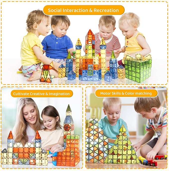 Magnetic Tiles, 100 PCS Magnetic Blocks Building Set Magnet Tiles STEM Toys 3D Kids Preschool Educational Sensory Toys Gift for Toddlers Kids Boys Ages 3 4 5 6 7 8 9+ Year Old