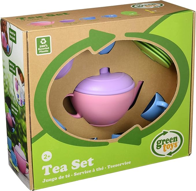 Green Toys Tea Set, Pink 4C - 17 Piece Pretend Play, Motor Skills, Language & Communication Kids Role Play Toy. No BPA, phthalates, PVC. Dishwasher Safe, Recycled Plastic, Made in USA.