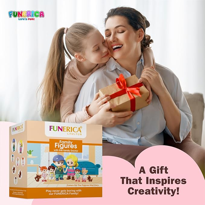 Funerica Dollhouse People, 8 Family Figures and Pets Playset - Bendable Little People Figures - Perfect for Imaginative Fun and Dollhouse Play - Play Doll House Accessories
