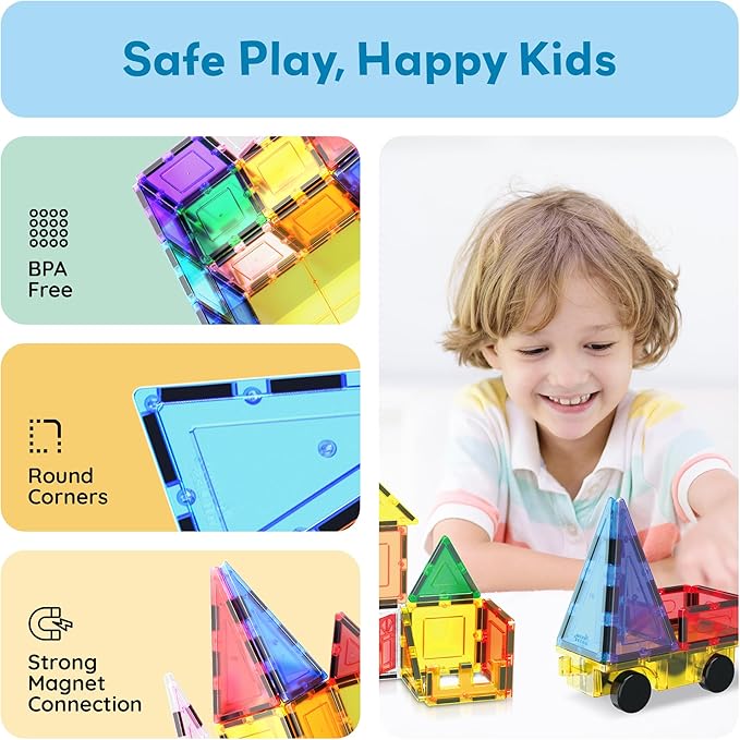 PicassoTiles Magnetic Tiles 61pc Magnet Tile Building Blocks Construction Sensory Toy Set with Storage Carry Case Drawstring Bag STEM Kids Learning Educational Pretend Play Boy Girl Ages 3+ & Up PT05